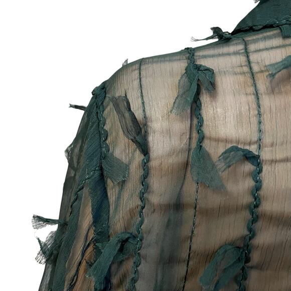 Zara Fringe Button Down Blouse Small Sheer Chiffon Dark Green Long Sleeve Goth - Picture 4 of 9